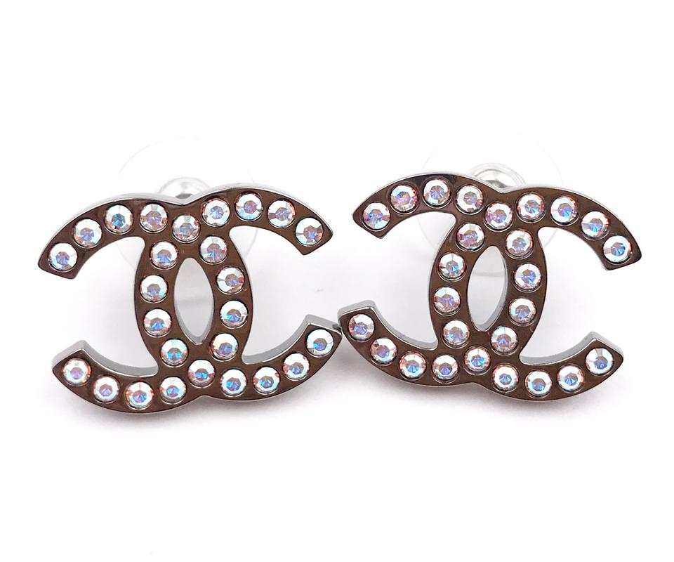 CHANEL Silver CC Iridescent Crystal Large Piercing Earrings