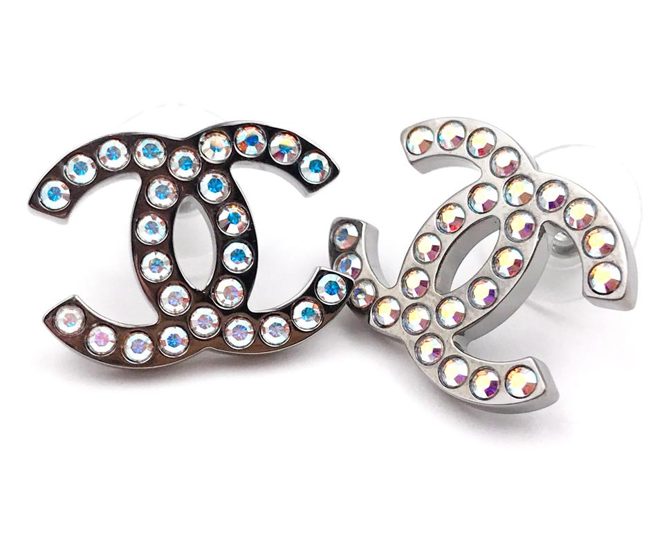 CHANEL Silver CC Iridescent Crystal Large Piercing Earrings