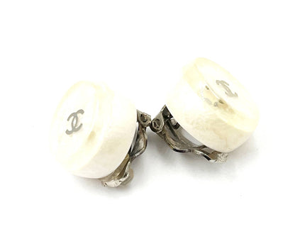 CHANEL Vintage Silver CC Ivory Resin Glitter Clip on Earrings