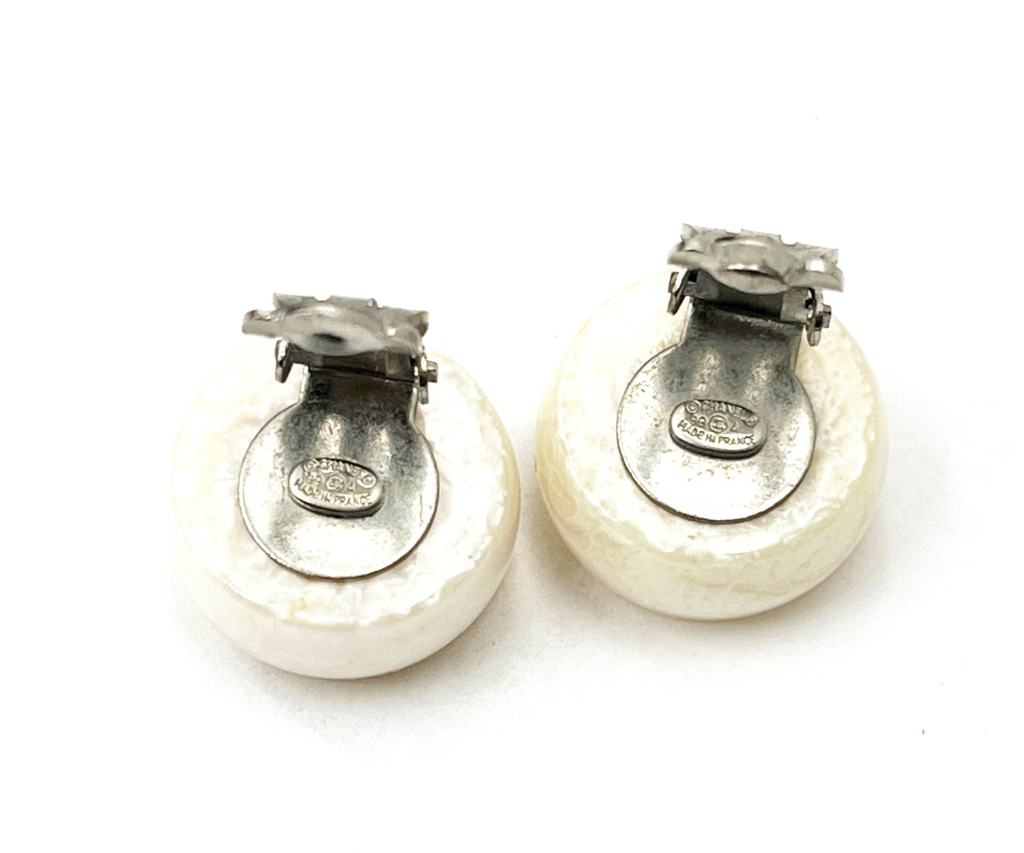 CHANEL Vintage Silver CC Ivory Resin Glitter Clip on Earrings