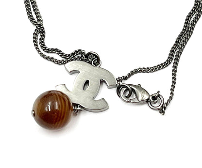 CHANEL Silver CC Petrified Wood CC Dangle Pendant Necklace