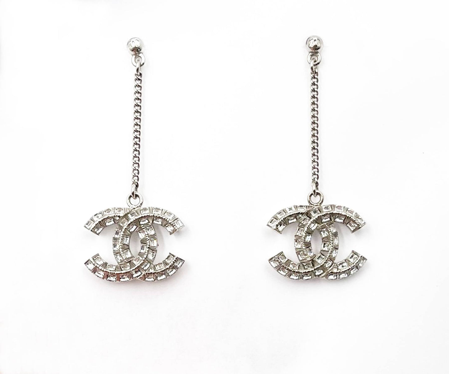 CHANEL Silver CC Princess Square Crystal Dangle Long Piercing Earrings