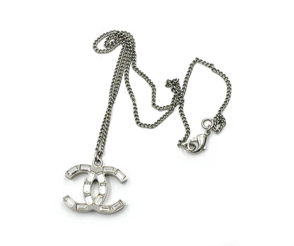 CHANEL Silver CC Baguette Double Face Pendant Necklace