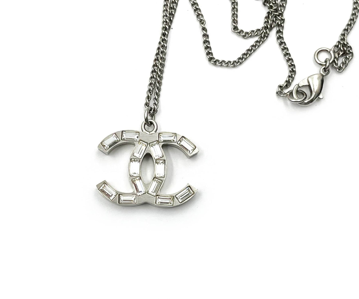 CHANEL Silver CC Baguette Double Face Pendant Necklace