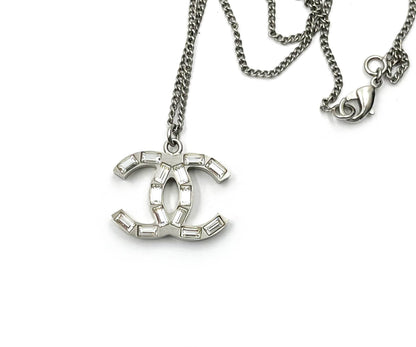 CHANEL Silver CC Baguette Double Face Pendant Necklace