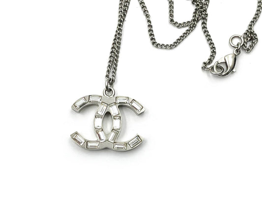 CHANEL Silver CC Baguette Double Face Pendant Necklace