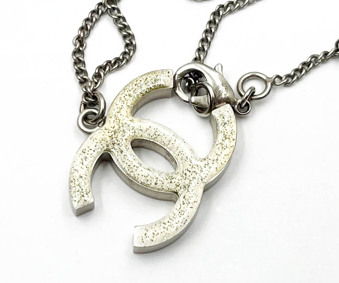 CHANEL Silver CC Baguette Double Face Pendant Necklace