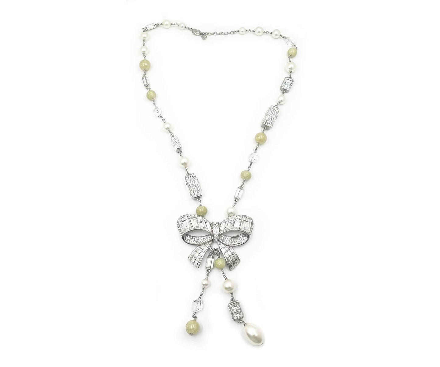 CHANEL Silver Ribbon Bow CC Crystal Neon Bead Pearl Necklace