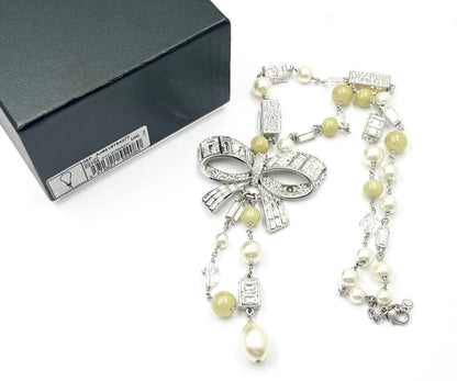 CHANEL Silver Ribbon Bow CC Crystal Neon Bead Pearl Necklace