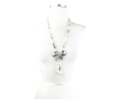 CHANEL Silver Ribbon Bow CC Crystal Neon Bead Pearl Necklace