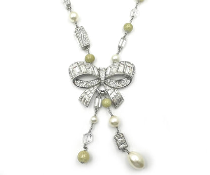 CHANEL Silver Ribbon Bow CC Crystal Neon Bead Pearl Necklace