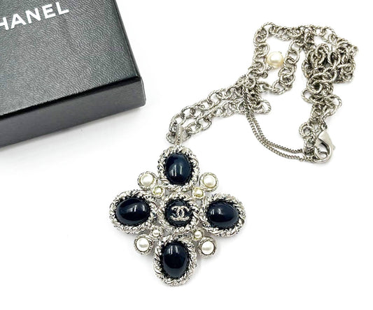 CHANEL Silver Rope CC Navy Stone Cross Pendant Necklace