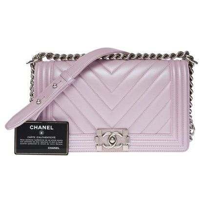 CHANEL Boy Old Medium shoulder bag in lilac quilted herringbone leather, SHW