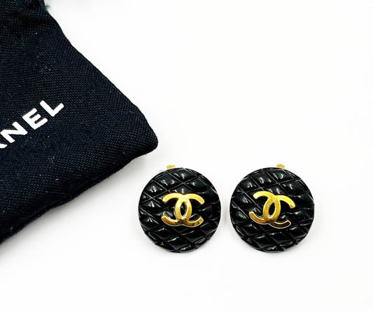 CHANEL Rare Classic Black Quilted Gold CC Small Clip on Earrings