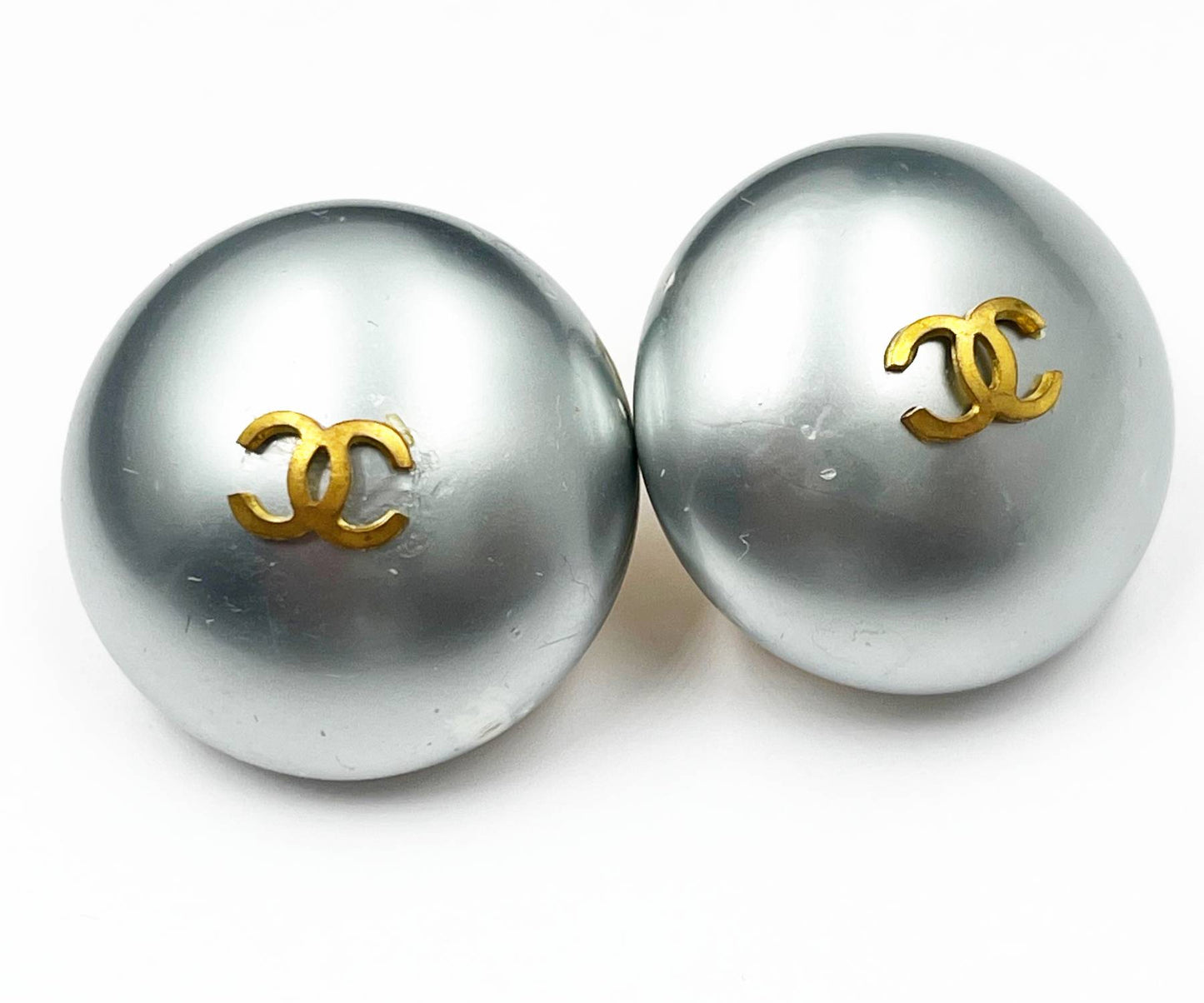 CHANEL Vintage Gold Plated CC Light Blue Pearl Large Clip on Earrings