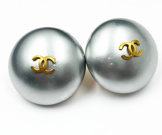 CHANEL Vintage Gold Plated CC Light Blue Pearl Large Clip on Earrings