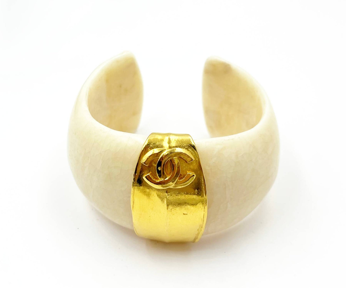 CHANEL Super Rare Vintage Gold Plated CC White Stone Cuff Bracelet