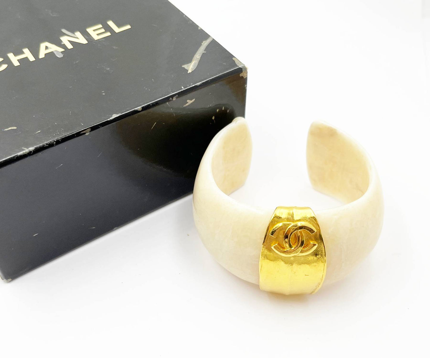 CHANEL Super Rare Vintage Gold Plated CC White Stone Cuff Bracelet