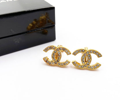 CHANEL Vintage Gold Plated CC Crystal Clip on Earrings