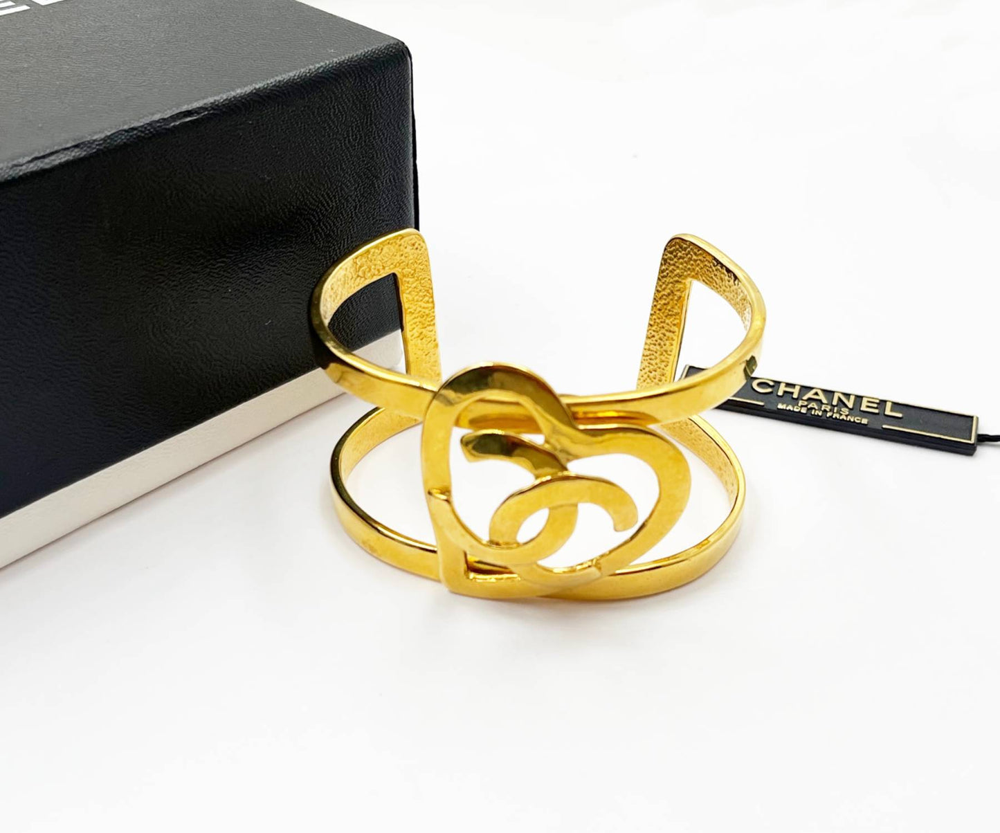 CHANEL Vintage Gold Plated CC Heart Double Cuff Bracelet