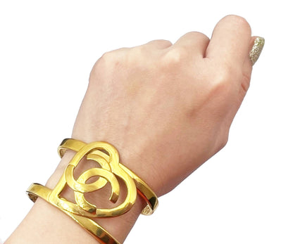 CHANEL Vintage Gold Plated CC Heart Double Cuff Bracelet