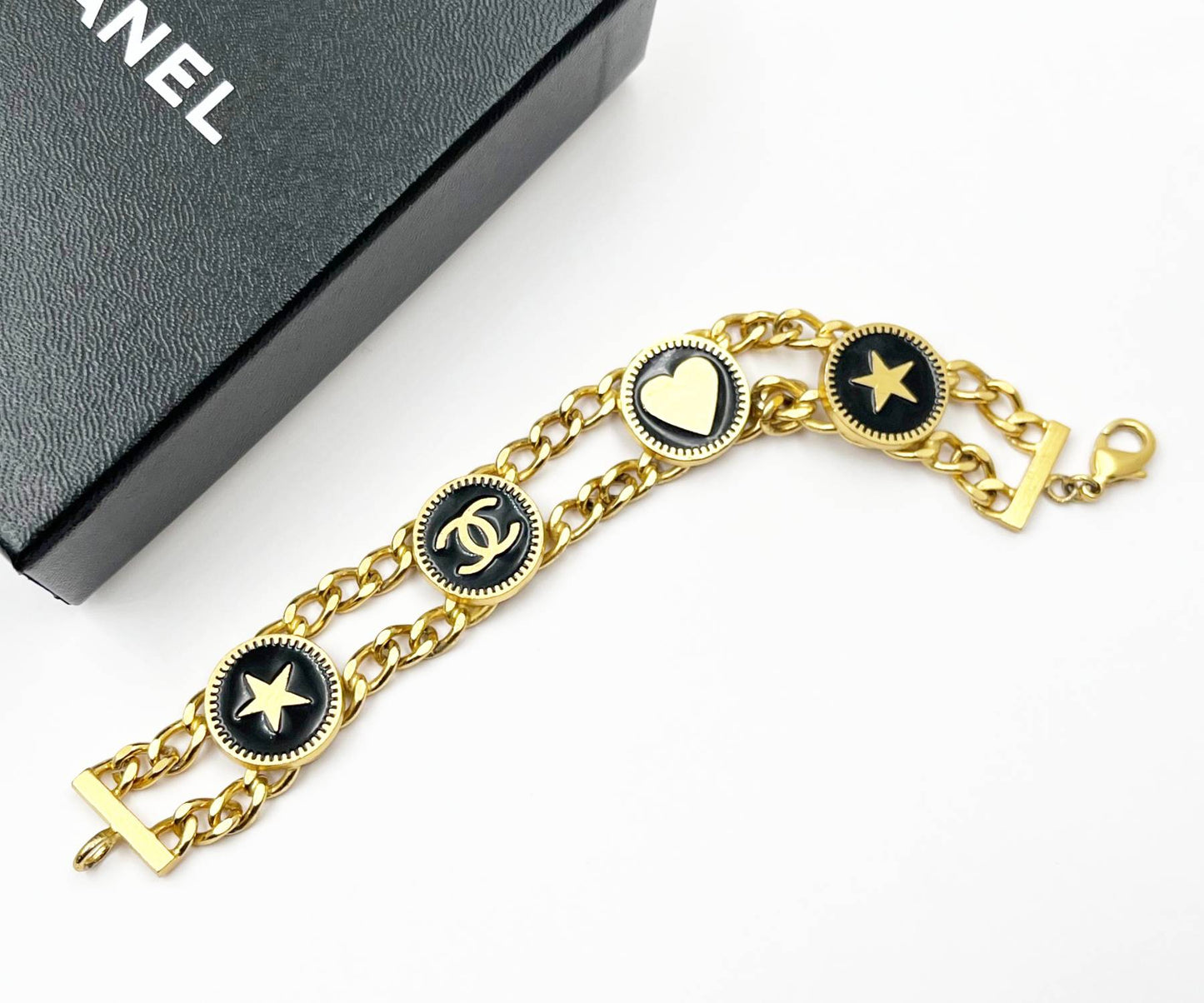 CHANEL Vintage Gold Plated CC Heart Star Black Coin Bracelet