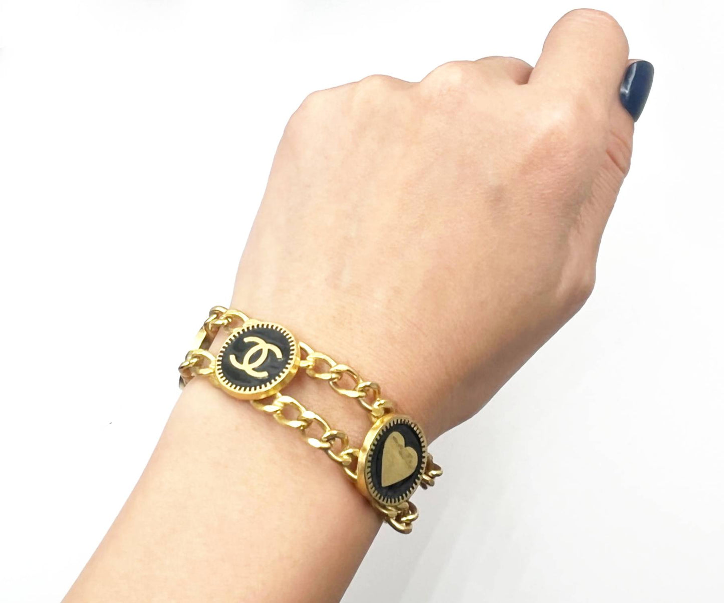 CHANEL Vintage Gold Plated CC Heart Star Black Coin Bracelet