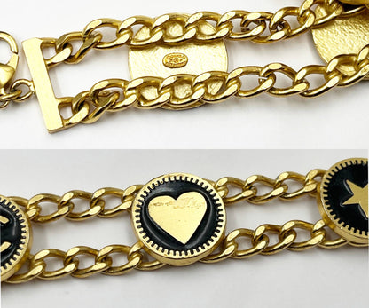 CHANEL Vintage Gold Plated CC Heart Star Black Coin Bracelet