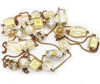 CHANEL Vintage Gold Plated CC Resin Dice Pearl Super Long Necklace