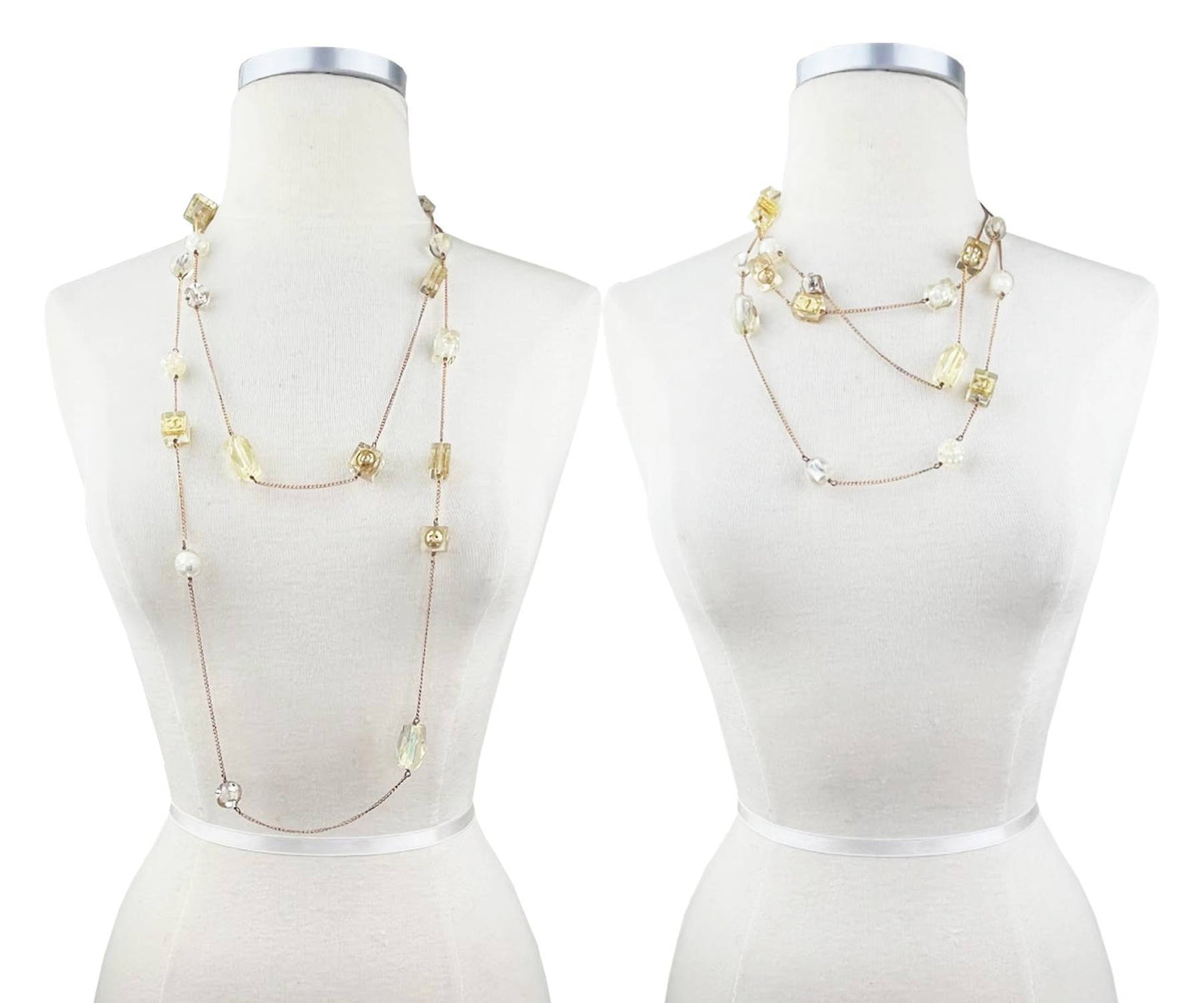 CHANEL Vintage Gold Plated CC Resin Dice Pearl Super Long Necklace