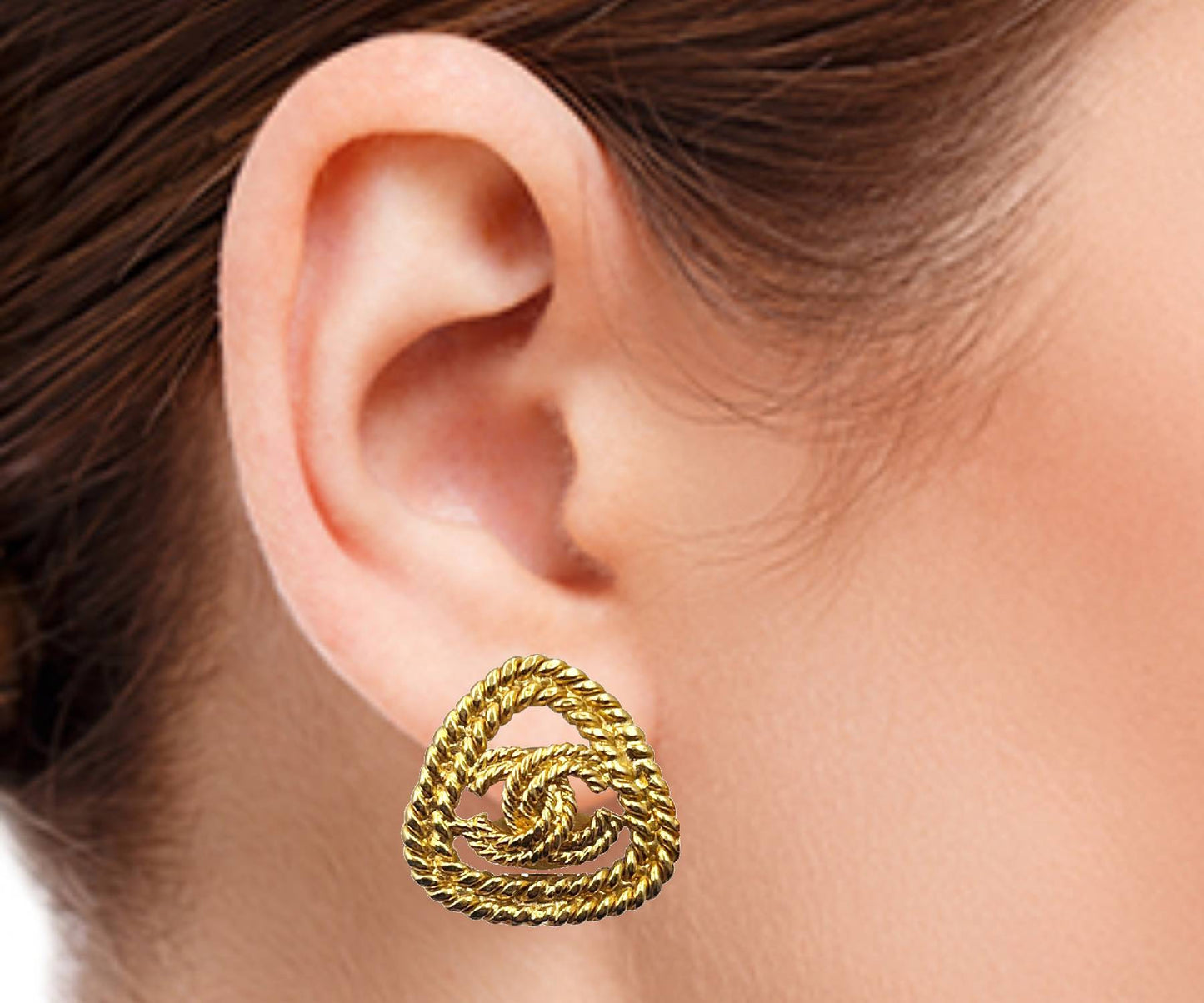 CHANEL Vintage Gold Plated CC Rope Triangle Clip on Earrings