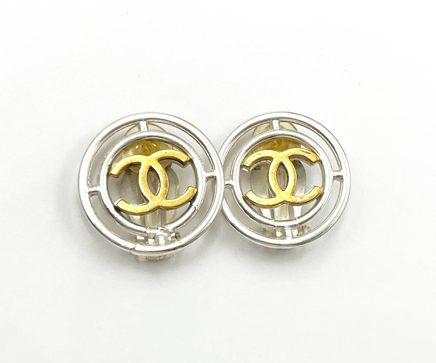 CHANEL Vintage Gold Plated CC Silver Round Wheel Clip on Earrings