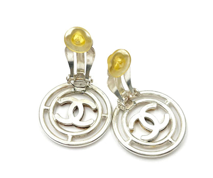 CHANEL Vintage Gold Plated CC Silver Round Wheel Clip on Earrings