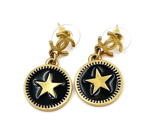 CHANEL Vintage Gold Plated CC Star Round Black Coin Dangle Piercing Earrings