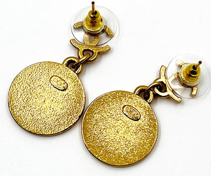 CHANEL Vintage Gold Plated CC Star Round Black Coin Dangle Piercing Earrings