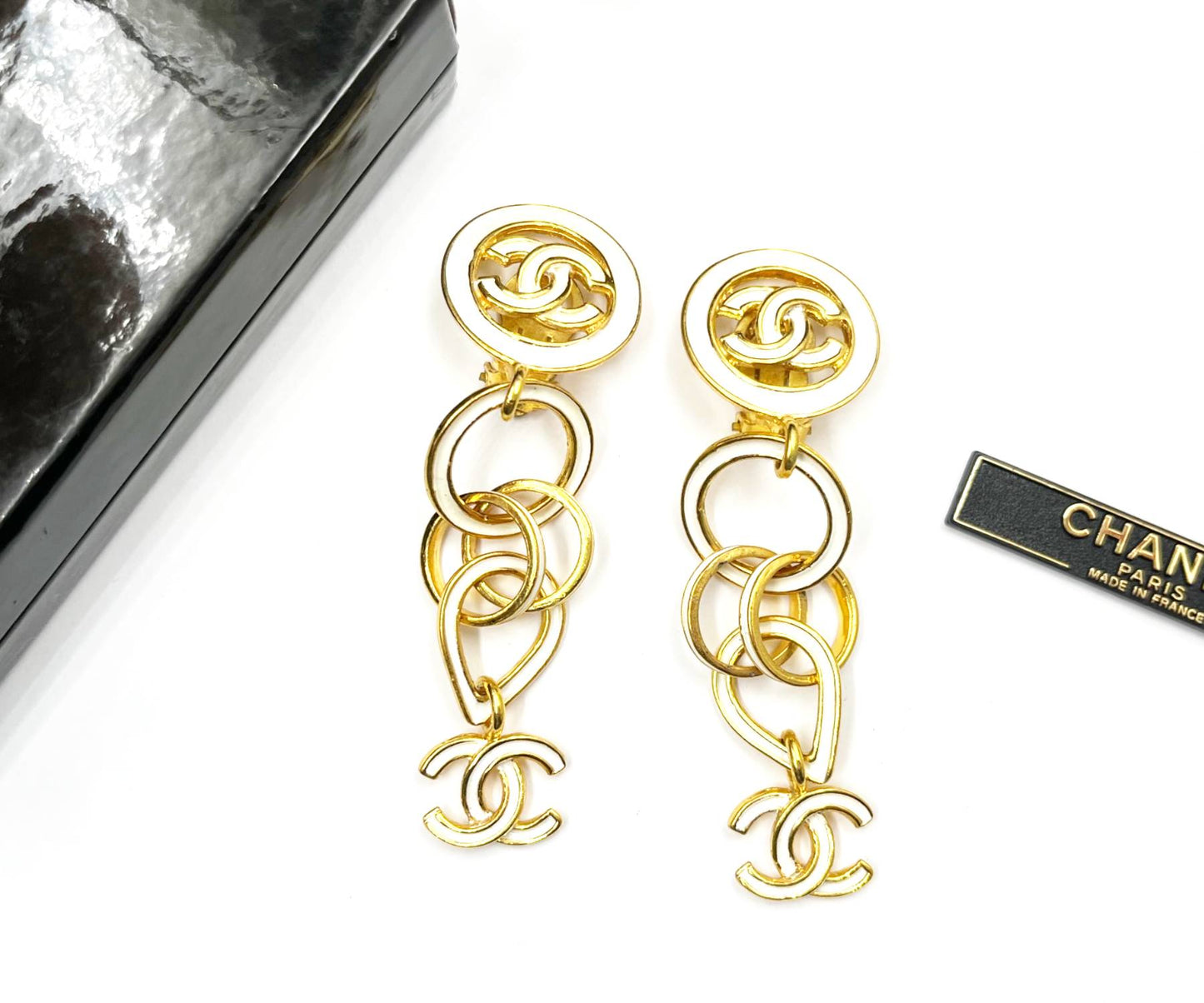 CHANEL Vintage Gold Plated CC White Enamel Chain Long Clip on Earrings