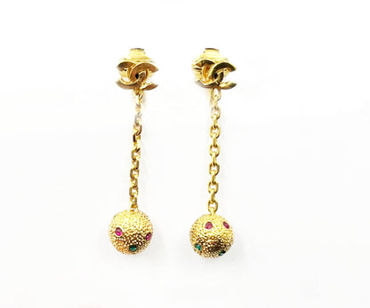 CHANEL Super Rare Vintage Gold Plated Mini CC Crystal Ball Dangle Clip on Earrings