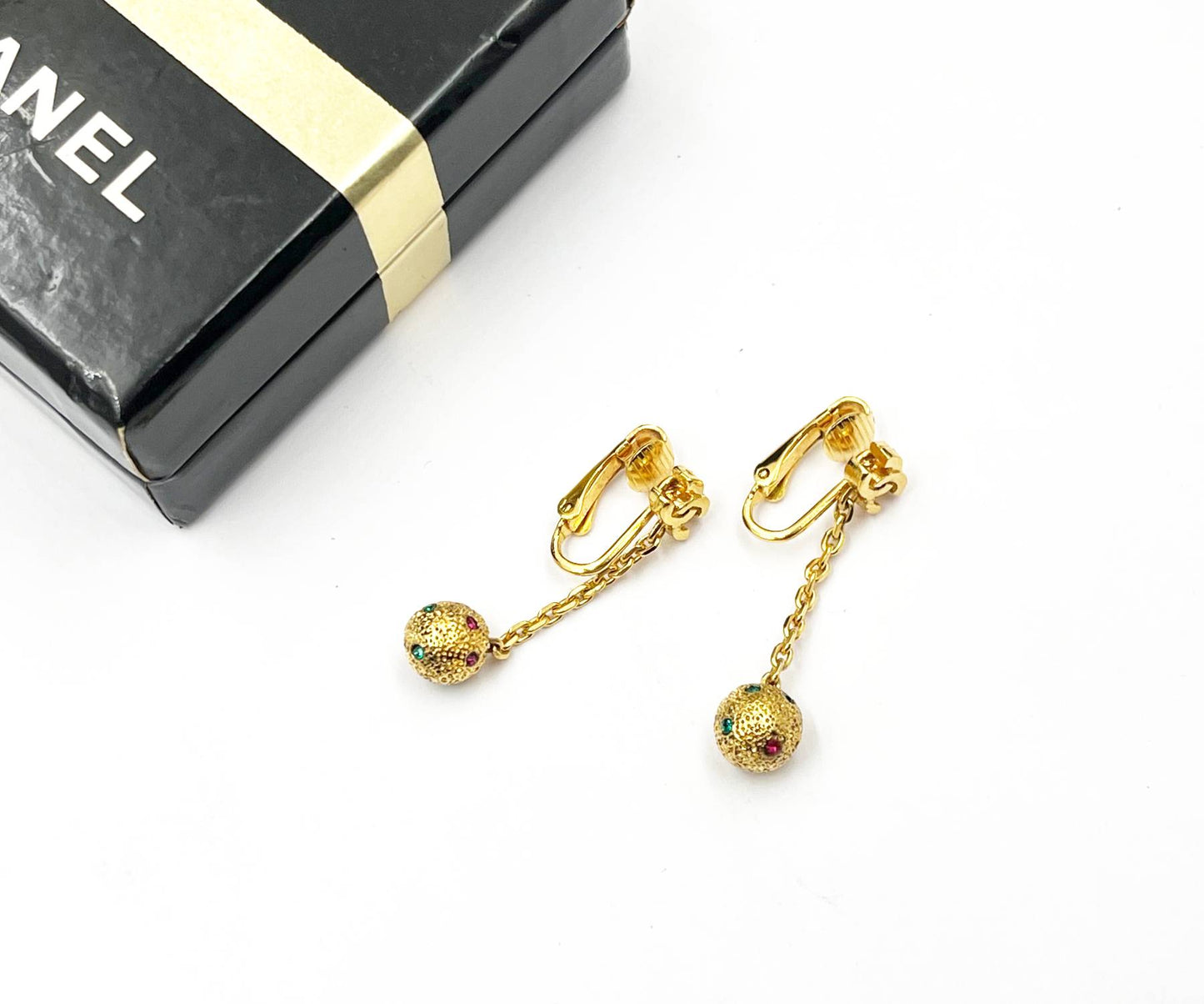 CHANEL Super Rare Vintage Gold Plated Mini CC Crystal Ball Dangle Clip on Earrings