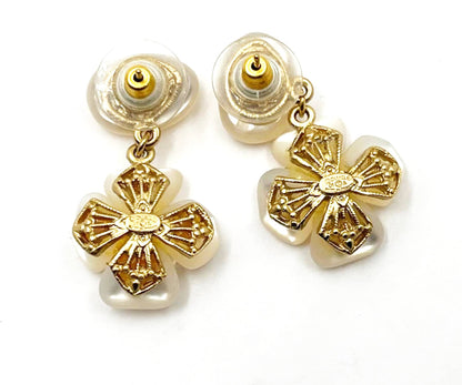 CHANEL Rare Mother of Pearl Flower Dangle Piercing Earrings