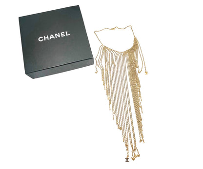 CHANEL Vintage Gold Plated Multi Chain CC Bib Choker Necklace