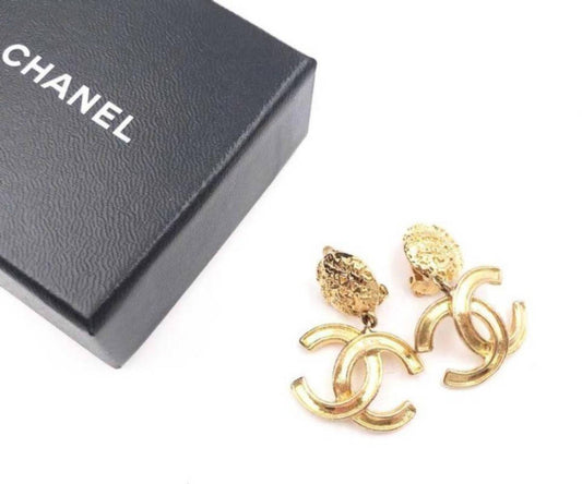 CHANEL Vintage Gold Plated CC Textured Clip on Earrings