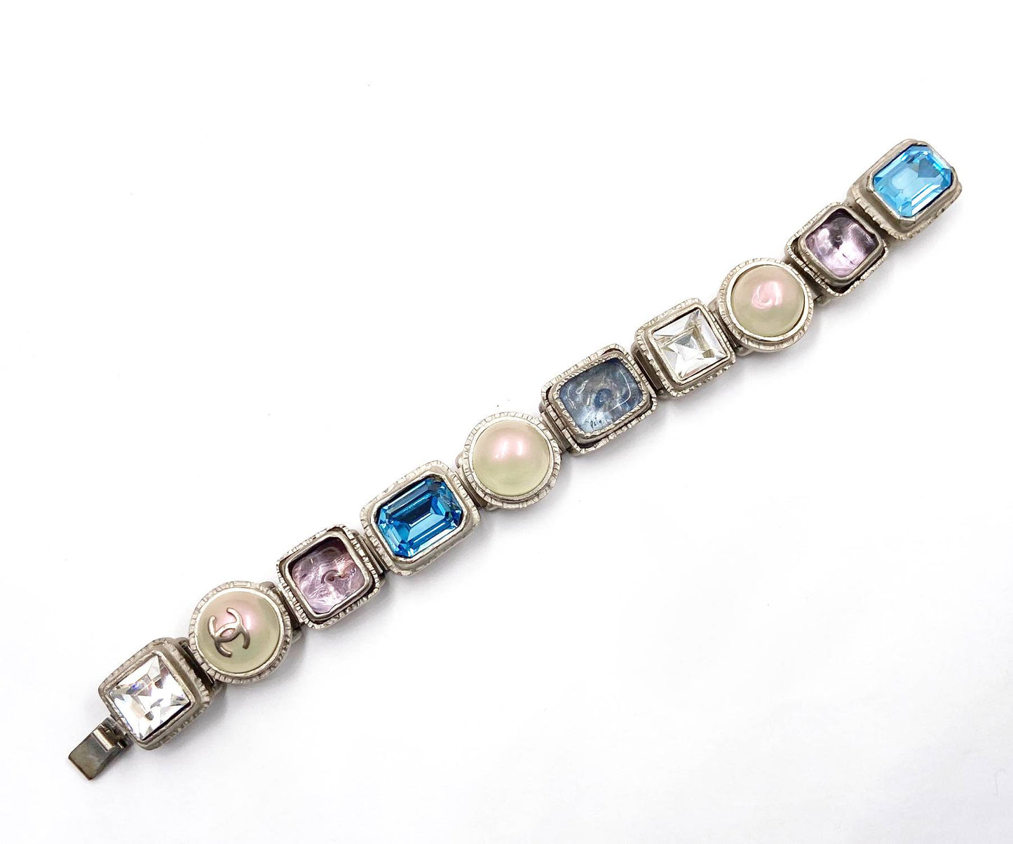 CHANEL Vintage Rare Rustic Silver Gem Stone Pearl CC Bracelet