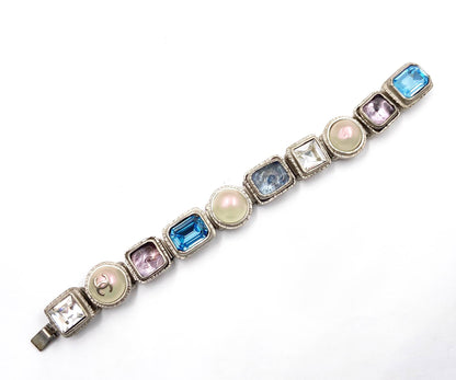 CHANEL Vintage Rare Rustic Silver Gem Stone Pearl CC Bracelet