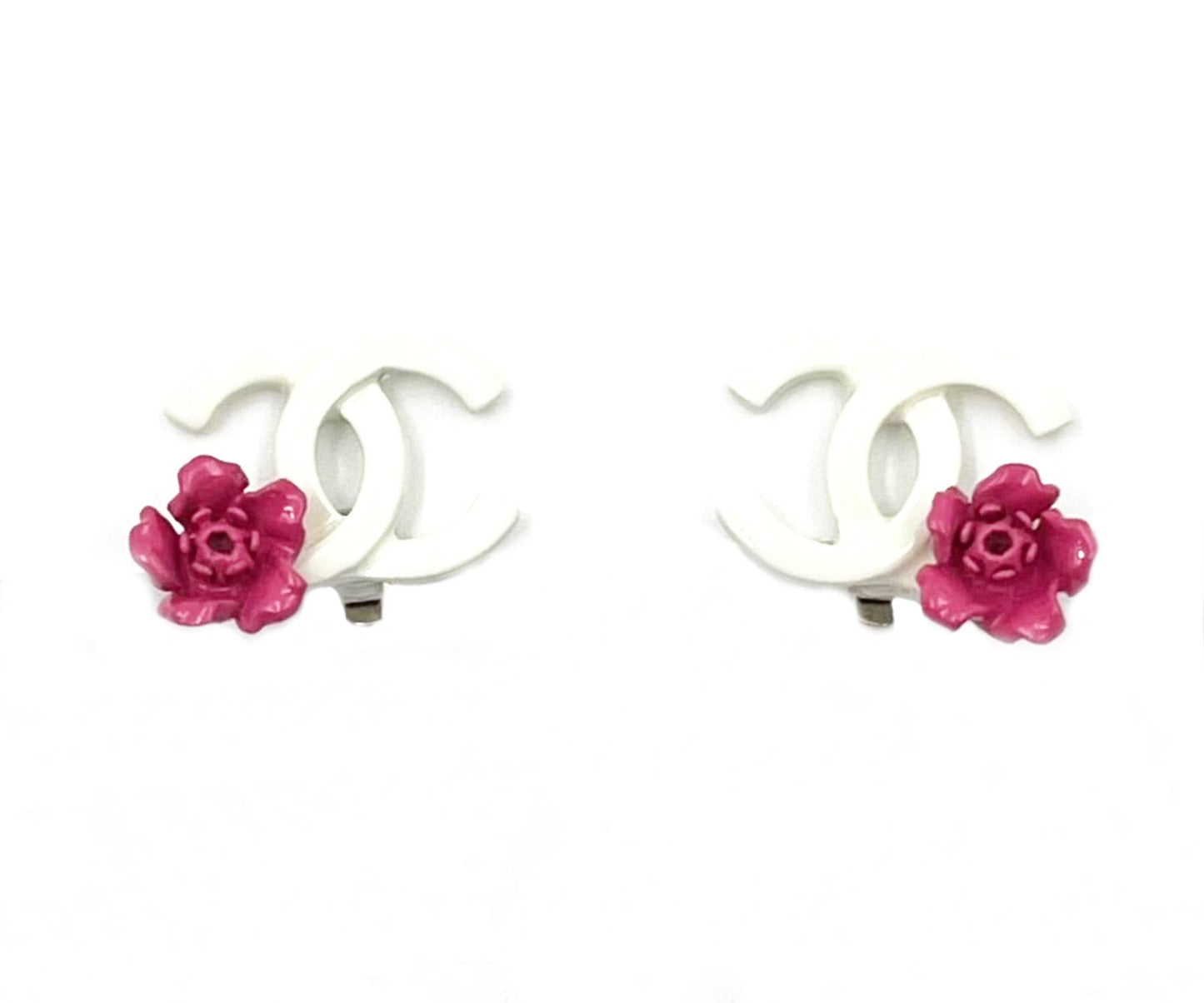 CHANEL White CC Fuchsia Corner Flower Clip on Earrings