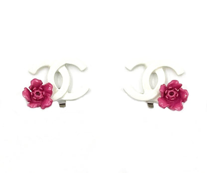 CHANEL White CC Fuchsia Corner Flower Clip on Earrings