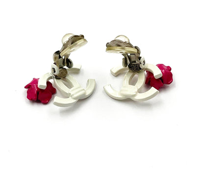 CHANEL White CC Fuchsia Corner Flower Clip on Earrings