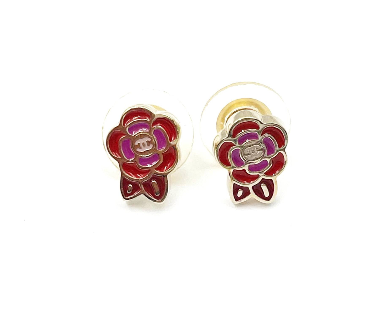 CHANEL White CC Red Multi Flower Small Piercing Earrings