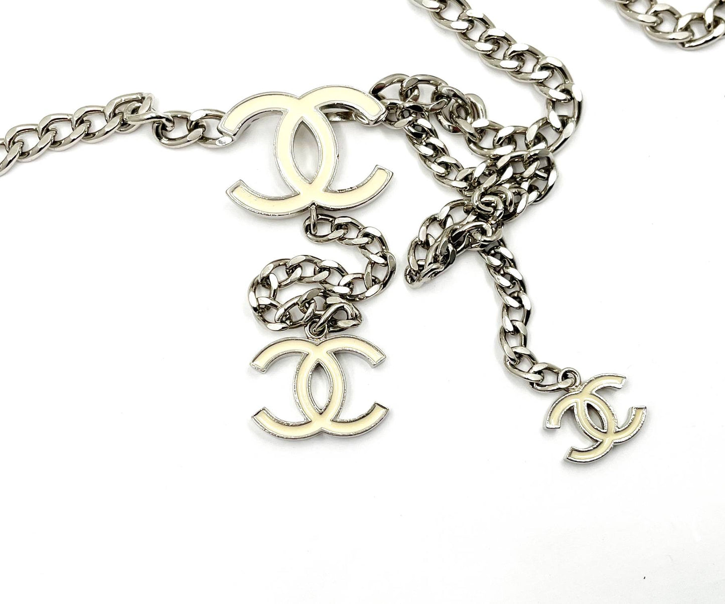 CHANEL White CC Silver Chain Necklace