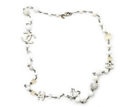 CHANEL Silver CC White Iceberg Crystal Ball Pearl Necklace