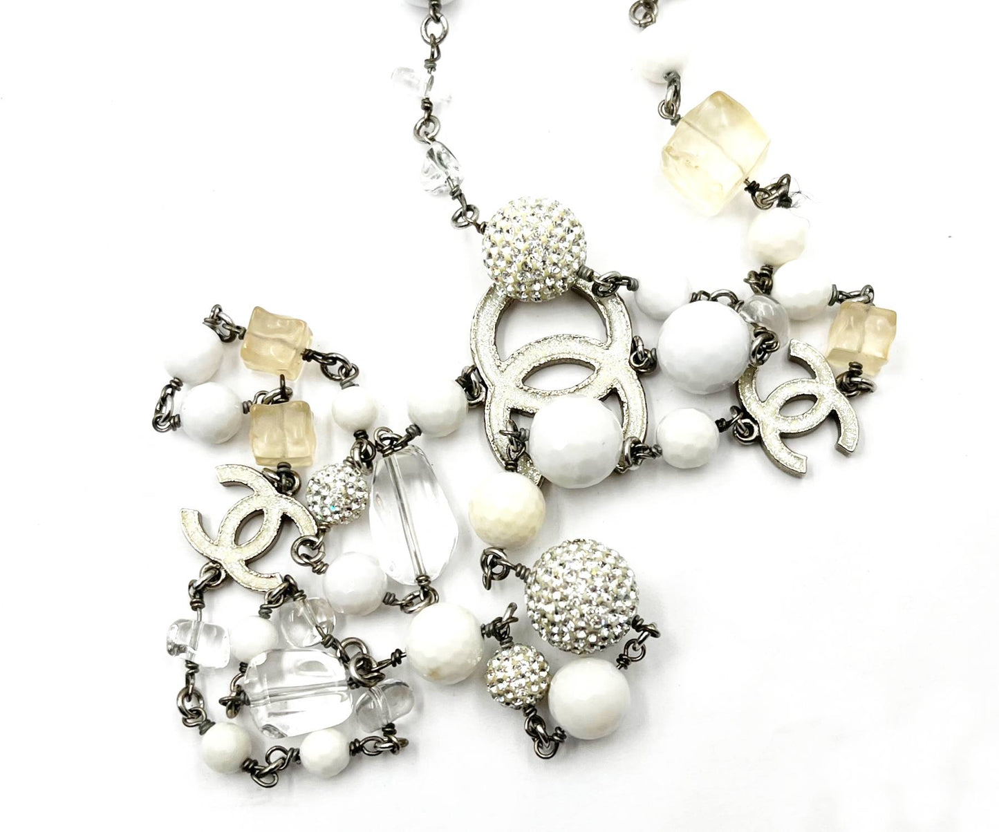 CHANEL Silver CC White Iceberg Crystal Ball Pearl Necklace